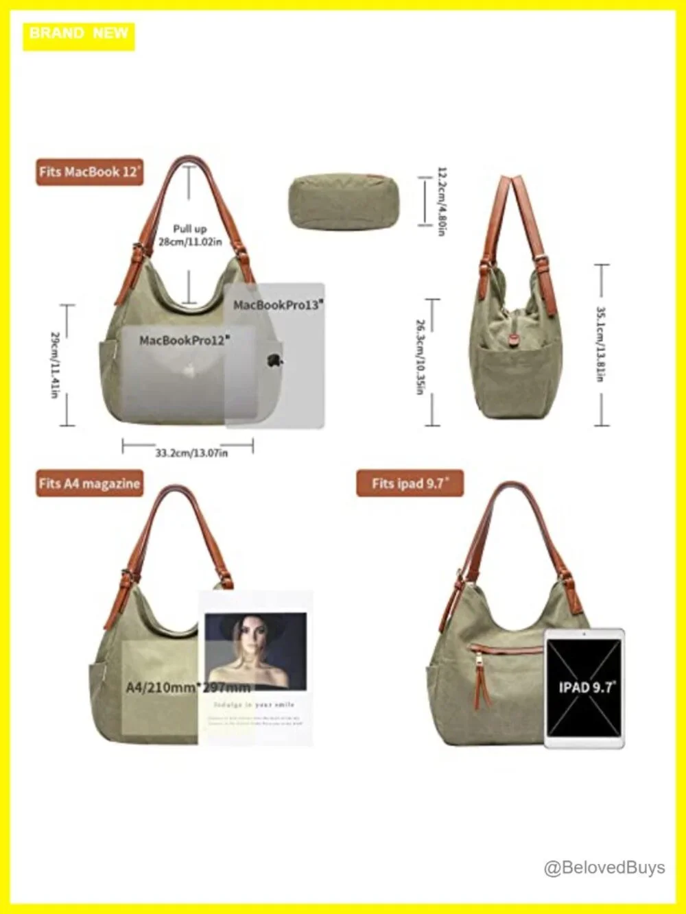 Canvas Hobo Tote Multi Pocket Shoulder Bag with Embroidery